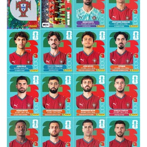 Peut inclure: Une collection de cartes à collectionner Panini FIFA World Cup 2026 représentant l'équipe nationale du Portugal. L'ensemble comprend un écusson, une photo d'équipe et des portraits de joueurs avec noms, dates de naissance, tailles et clubs.