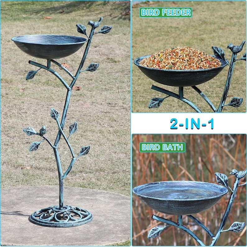 Baño para pájaros con pedestal de hierro fundido, decoración vintage de metal para jardín y patio, oasis para pájaros en el patio exterior. imagen 14