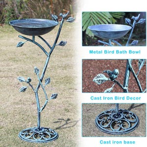 Baño para pájaros con pedestal de hierro fundido, decoración vintage de metal para jardín y patio, oasis para pájaros en el patio exterior. imagen 11