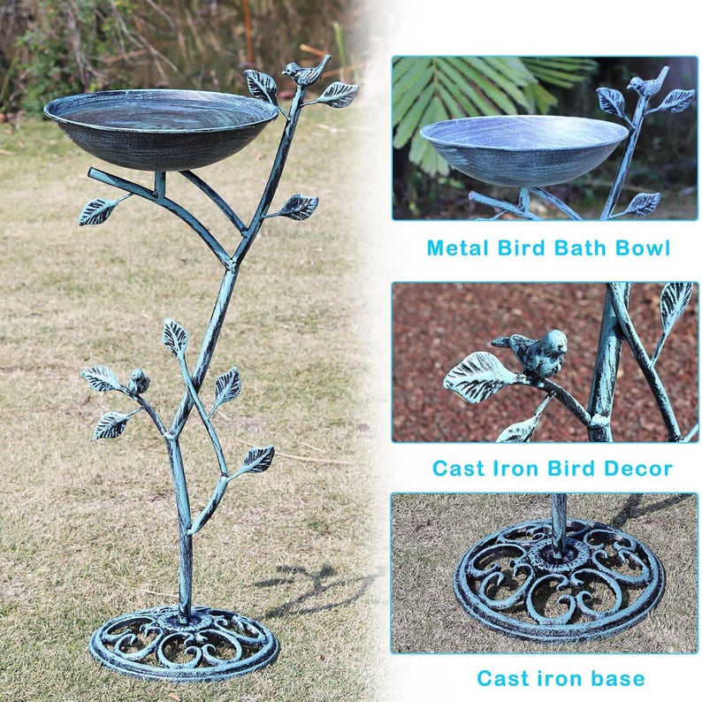 Baño para pájaros con pedestal de hierro fundido, decoración vintage de metal para jardín y patio, oasis para pájaros en el patio exterior. imagen 11