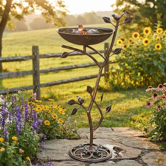 Cast Iron Pedestal Bird Bath, Vintage Metal Garden Yard Decor, Outdoor Patio Bird Oasis