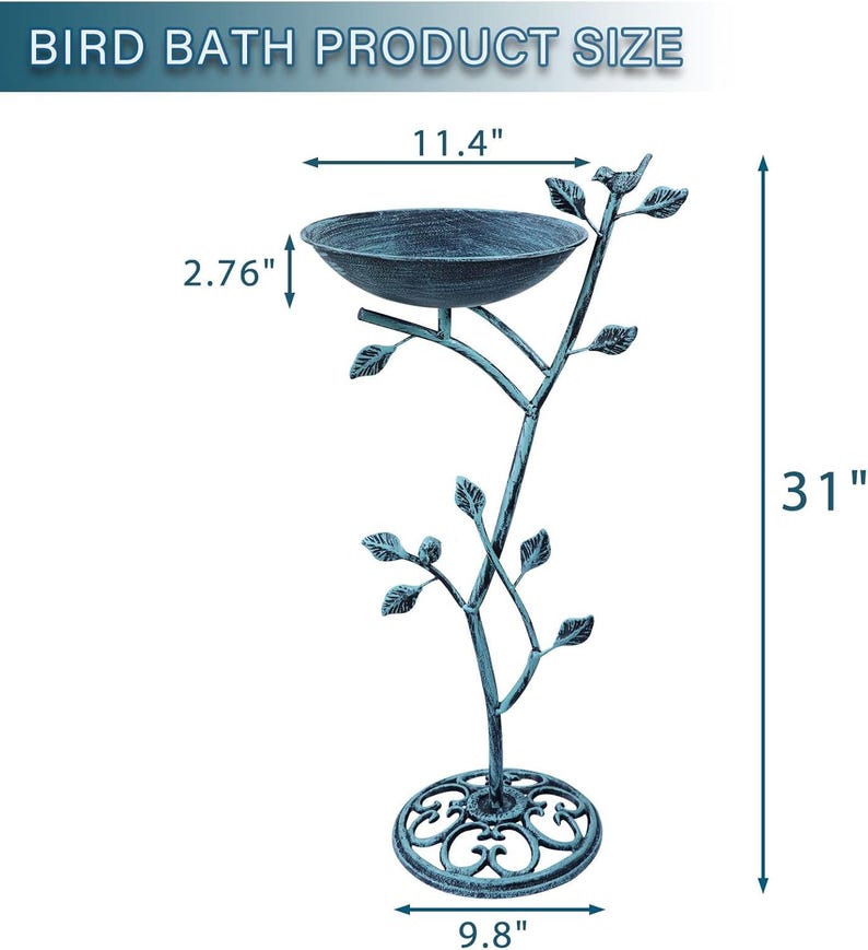 Baño para pájaros con pedestal de hierro fundido, decoración vintage de metal para jardín y patio, oasis para pájaros en el patio exterior. imagen 9