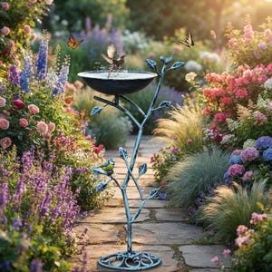 Baño para pájaros con pedestal de hierro fundido, decoración vintage de metal para jardín y patio, oasis para pájaros en el patio exterior. imagen 12