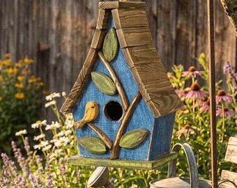 Casita rústica de madera para pájaros, decoración de jardín estilo cabaña envejecida, casita para pájaros de exterior
