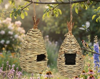 Juego de 2 casitas para pájaros de hierba natural tejidas a mano, decoración rústica para jardín.