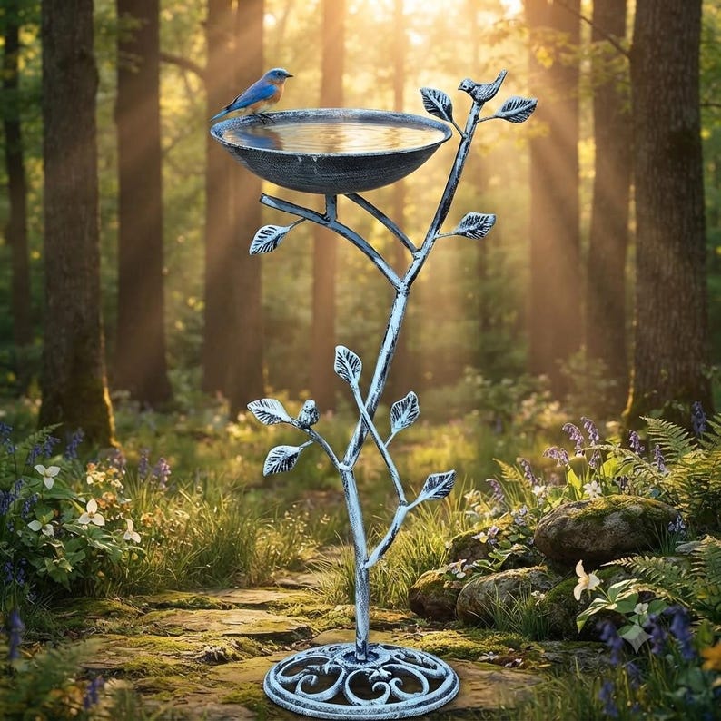 Baño para pájaros con pedestal de hierro fundido, decoración vintage de metal para jardín y patio, oasis para pájaros en el patio exterior. blue