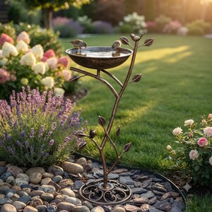 Baño para pájaros con pedestal de hierro fundido, decoración vintage de metal para jardín y patio, oasis para pájaros en el patio exterior. imagen 4