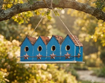 Casita para pájaros de madera maciza azul envejecida estilo retro, decoración rústica para jardín, percha colgante para exteriores.