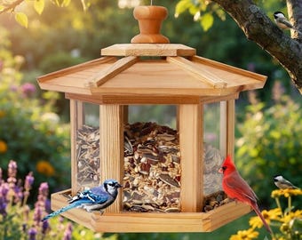 Cedar Hopper Bird Feeder, Squirrel Proof Wooden Hanging Feeder with Double Suet Cage