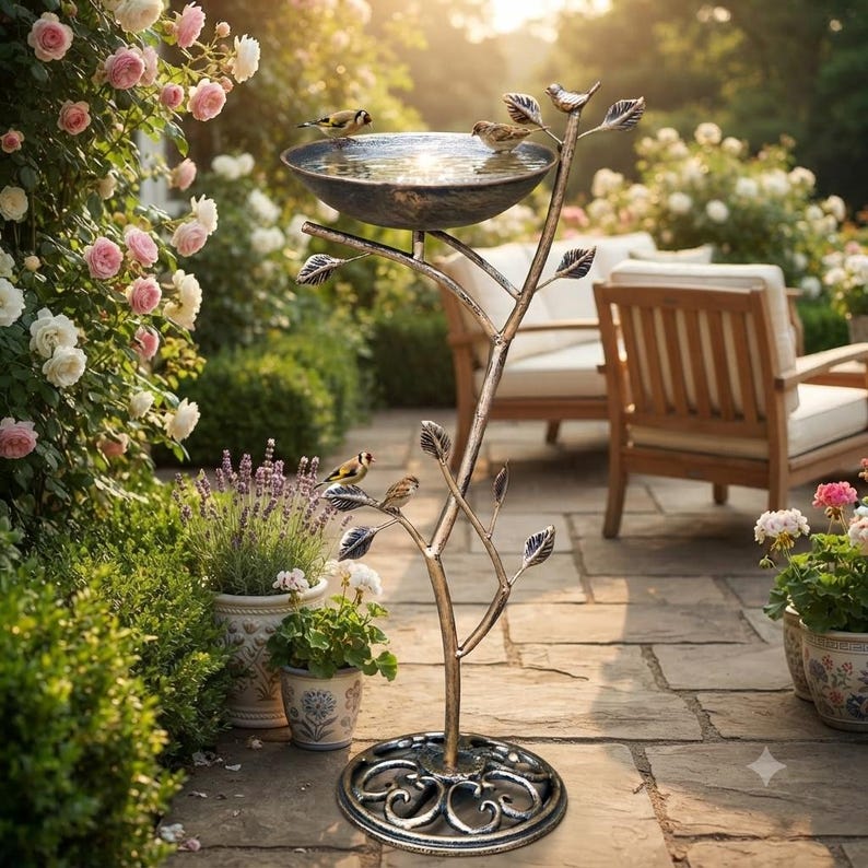 Baño para pájaros con pedestal de hierro fundido, decoración vintage de metal para jardín y patio, oasis para pájaros en el patio exterior. imagen 5