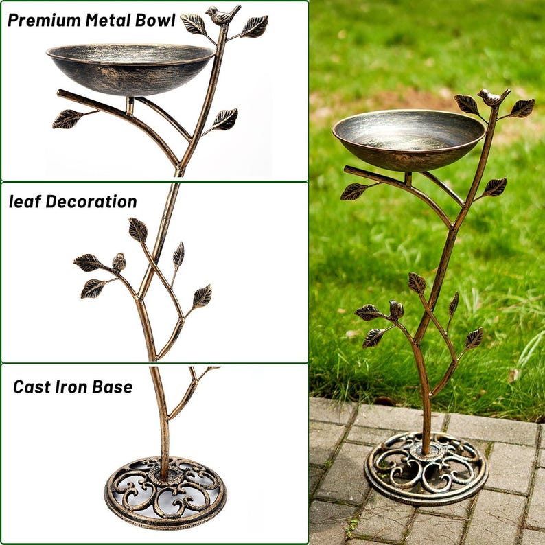 Baño para pájaros con pedestal de hierro fundido, decoración vintage de metal para jardín y patio, oasis para pájaros en el patio exterior. imagen 7