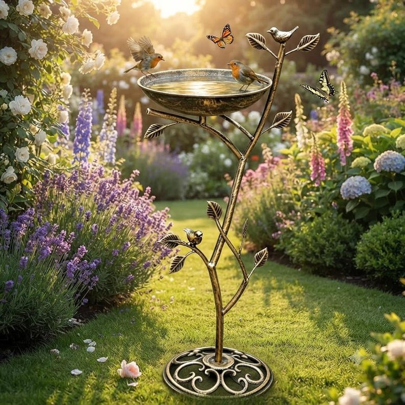 Baño para pájaros con pedestal de hierro fundido, decoración vintage de metal para jardín y patio, oasis para pájaros en el patio exterior. imagen 3
