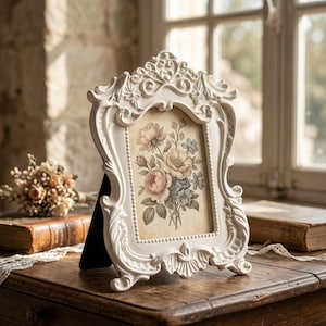 Cornice portafoto White Crown, con dettagli floreali rococò verticali e supporto da tavolo.