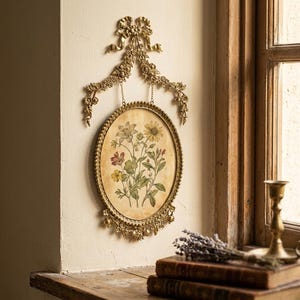 May include: An oval wall hanging featuring a gold-toned frame with ornate floral and ribbon detailing. The center displays a botanical illustration of various wildflowers in muted tones of yellow, green, and red on a cream-colored background.