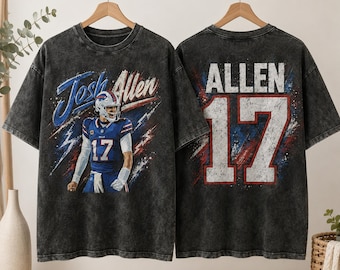 Josh Allen #17 Doppelseitiges Lightning-Grafik-Football-T-Shirt, gewaschene Baumwolle, Geschenkidee für Fans