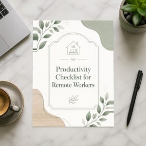 May include: A white paper document titled Productivity Checklist for Remote Workers, featuring a line-art house icon, green leaf illustrations, and abstract beige and green shapes, centered within a decorative frame on a marble surface.