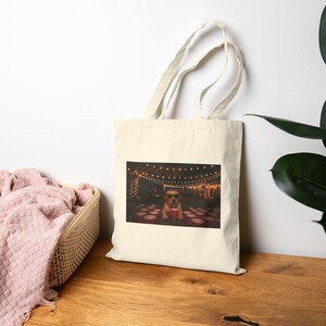 Pug at Night Market Tote Bag | String Lights, Cozy Urban Pet Art