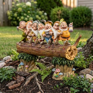 May include: A decorative garden figurine featuring seven dwarf characters standing in a row on a textured brown log. The log is supported by two tree stump bases adorned with small, colourful sculpted mushrooms in shades of red, blue, and white.