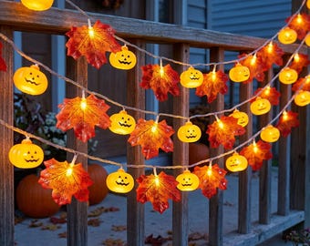 May include: A string of decorative lights featuring small, glowing orange jack-o'-lanterns and artificial autumn maple leaves in shades of red, orange, and yellow. The lights are arranged in multiple strands draped across a wooden porch railing.