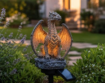 Estatua de dragón solar para jardín, luz para exteriores, decoración fantástica para patio, césped o jardín.