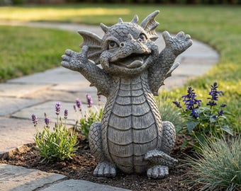 May include: A gray stone-colored dragon statue featuring a textured, scaly body, small wings, and a wide, open-mouthed expression with arms raised upward. The creature has a rounded belly with vertical ridges and sits in a seated position.