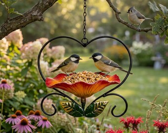 May include: A hanging bird feeder featuring a black metal heart-shaped frame with a central orange and yellow flower-shaped dish filled with birdseed. Two small birds are perched on the flower, while a third bird sits on a branch above.