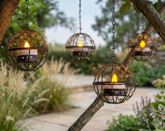 May include: Four spherical hanging lanterns made of dark metal wire cages, each containing a white candle with a glowing yellow flame. The lanterns are suspended by metal chains from tree branches, featuring small decorative beads on the wire.