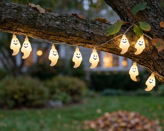 May include: A string of white ghost-shaped LED lights hanging from a tree branch. Each ghost figure features a simple black printed face with two circular eyes and a curved mouth. The lights emit a warm glow against the outdoor setting.