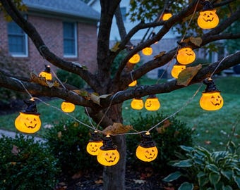 May include: A string of orange pumpkin-shaped lights, each wearing a small black witch hat, draped across the branches of a tree. The pumpkins feature carved jack-o'-lantern faces with glowing eyes and mouths, connected by a thin wire.