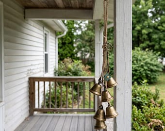 May include: A hanging wind chime featuring five brass-colored metal bells suspended by jute twine. The chime includes a decorative antique-style skeleton key and a small, teal-colored sun-shaped charm attached to the central twine cord.