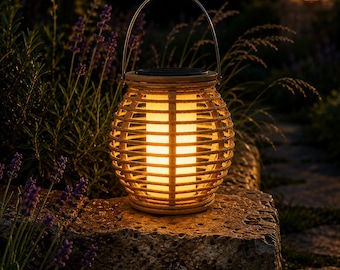May include: A round lantern with a woven light brown wicker frame and a metal handle. The lantern features a central cylindrical light source that emits a warm, glowing illumination, highlighting the intricate lattice structure of the exterior.