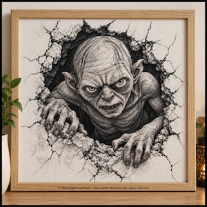 May include: A framed cross-stitch artwork featuring a black and white illustration of a bald, thin creature with large eyes and pointed ears emerging from a cracked wall. The text at the bottom reads 2026 CegaCrossStitch - Tous droits réservés.