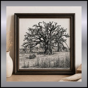 May include: A square framed cross-stitch embroidery featuring a detailed black and white landscape scene of a large baobab tree in a grassy field. The artwork is encased in a dark brown wooden frame with a visible grain and a thin inner border.