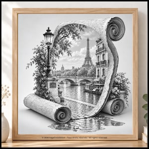Könnte beinhalten: Ein schwarz-weiß gerahmtes Wandbild, das eine Pariser Szene zeigt, eingerahmt von einer aufgerollten Papierrolle. Das Bild zeigt den Eiffelturm, eine Steinbrücke, einen Fluss und eine Straßenlaterne. Der Text unten lautet: 2026 CegaCrossStitch - Tous droits réservés / All rights reserved.