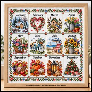 Puede incluir: Un calendario de punto de cruz enmarcado con doce ilustraciones estacionales etiquetadas de enero a diciembre. Cada mes muestra imágenes temáticas que incluyen una cabaña de invierno, un corazón floral, una pajarera, herramientas de jardín, flores, una bicicleta, una escena de playa, girasoles, una cesta de cosecha, calabazas, un farol y un árbol de Navidad.
