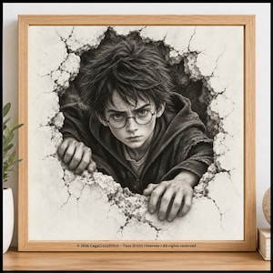 May include: A black and white framed print featuring a young person with messy hair and round glasses emerging through a cracked wall. The image includes the text 2026 CegaCrossStitch - Tous droits réservés / All rights reserved at the bottom.