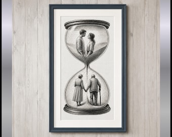 Novios en un reloj de arena - patrón de punto de cruz - boda en blanco y negro - PDF disponible para descarga inmediata en francés e inglés