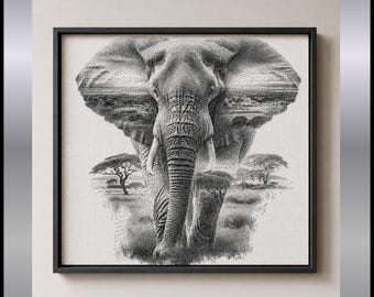 Eléphant vertueux dans la flore - patron motif point de croix - animal sauvage monochrome - PDF à télécharger en Français et Anglais