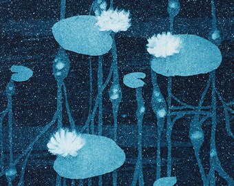 Waterlily art - meditative art - soothing art - waterlily aquatint - neuroscience - wall art - Neuronal Bliss (green and turquoise tones)