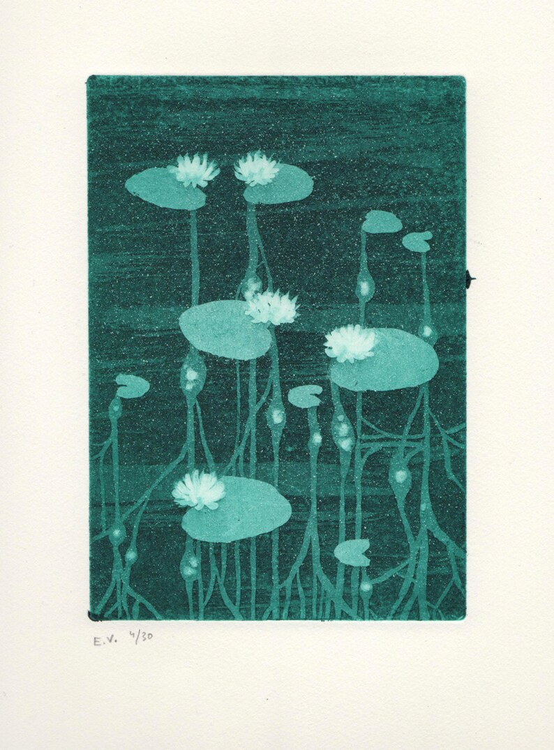 Waterlily art meditative art soothing art waterlily aquatint neuroscience wall art Neuronal Bliss green and turquoise tones image 2