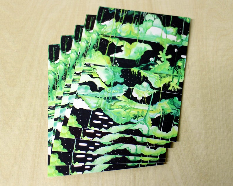 5 x postcard set / postcards / cards / Void Gardens / garden art cards / space art / beautiful greeting cards / black and green / plant life image 1