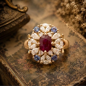 May include: A gold ring featuring a central oval-cut deep red ruby surrounded by a cluster of marquise-cut clear white diamonds and four round-cut light blue sapphires arranged in a symmetrical floral-inspired halo setting.
