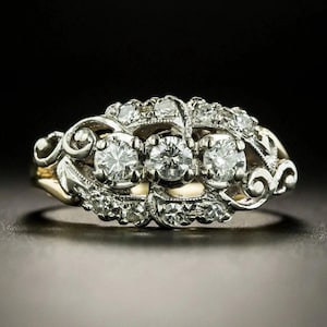 Vintage Diamond Ring Art Deco Style Three Stone Ring 14K Gold Plated Antique Scroll Style Filigree Milgrain Engagement Ring Gift For Women