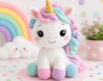 Tutorial per realizzare un unicorno amigurumi all'uncinetto in formato PDF, un peluche dai colori pastello, con istruzioni in inglese e francese.