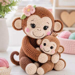 May include: A brown and beige crochet monkey toy holding a smaller matching baby monkey. The larger monkey features a pink flower on its head, black button eyes, and pink cheeks. The text "prepared by StichNestDesign" is visible at the bottom.