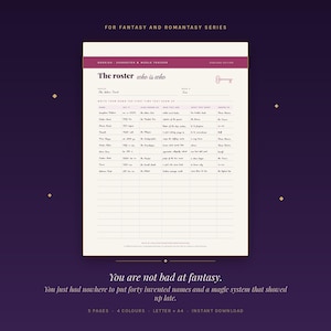 May include: A cream-colored character and world tracker sheet for fantasy series. The header reads "The roster who is who" with a key icon. It includes columns for name, pronunciation, aliases, identity, motivations, and allegiances, with lines for entries.