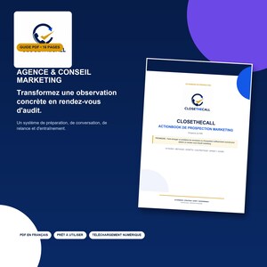 Peut inclure: Un guide marketing numérique de 16 pages intitulé CLOSETHECALL ACTIONBOOK DE PROSPECTION MARKETING. Le document présente un fond bleu foncé, une page de couverture blanche avec le logo de l'entreprise et du texte détaillant un système de prospection.