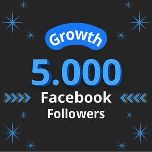 May include: A dark gray graphic design featuring the blue text Growth inside a rounded shape, the large blue number 5.000, and the white text Facebook Followers. The design includes blue arrow icons and blue starburst shapes on a dark background.