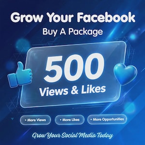 May include: A digital graphic with a blue background featuring the text Grow Your Facebook Buy A Package. A central glass-like panel displays 500 Views & Likes with a blue thumbs-up icon and heart. Below are buttons for More Views, More Likes, More Opportunities.