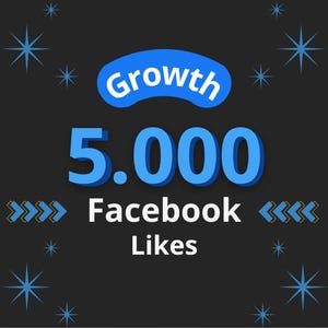 May include: A dark gray graphic design featuring the blue text Growth inside a rounded shape, the large blue number 5.000, and the white text Facebook Likes. The design includes blue arrow icons and blue starburst shapes on a dark background.
